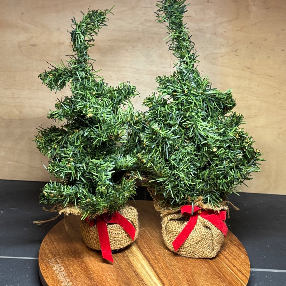 Set of 2 Whimsical Mini Christmas Trees Burlap Base Red Ribbon 11 Inch Tabletop